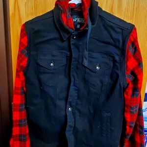 Black Jean jacket with button sleeves and hoodie